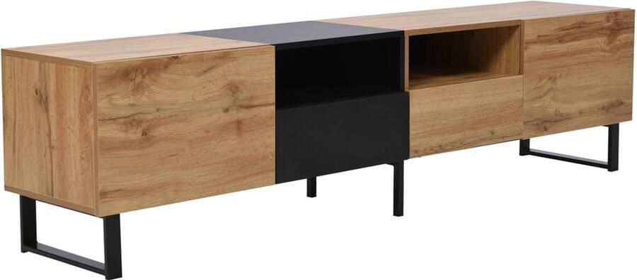 TV-meubel opbergkast geschikt voor 50-59 inch televisies met 1 open vak 2 lades en 2 klepdeuren Harmonieus kleurenschema in twee tinten 190x38x48 cm houtkleur + zwart