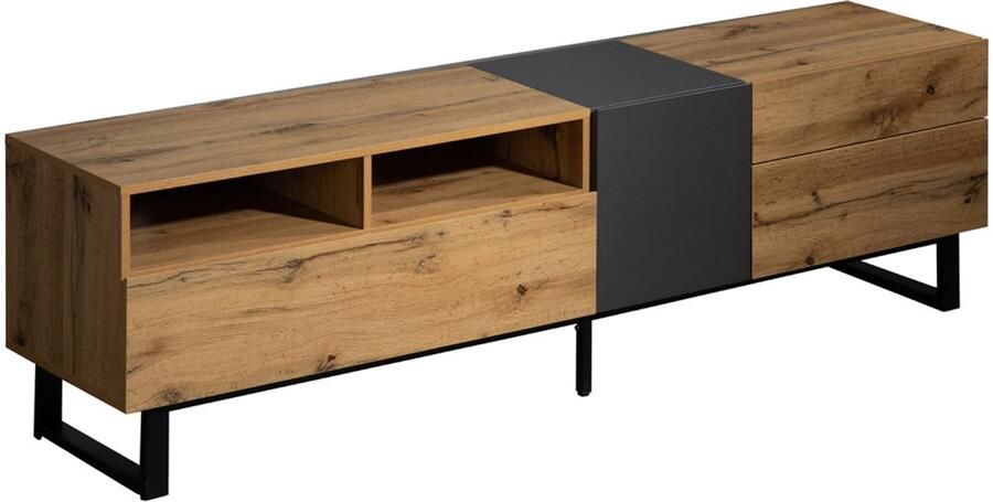 TV-meubel opbergkast geschikt voor 50-59 inch televisies met 2 open vakken 2 lades en 2 deuren 180 x 38 x 50 cm kleurcoördinatie van houtkleur en zwart