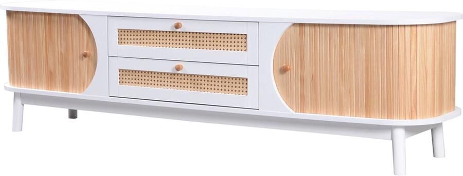 TV-meubel opbergkast geschikt voor 50-59 inch tv's met 2 lades met rieten design en 2 schuifdeuren natuur landhuisstijl ontwerp 170 x 39 5 x 46 cm wit