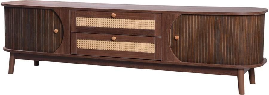 TV-meubel opbergkast geschikt voor 50-59 inch tv's met 2 lades met rieten design en 2 schuifdeuren natuur landhuisstijl ontwerp 170 x 39 5 x 46 cm houtkleur