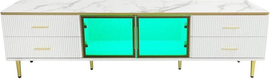 TV-meubel opbergkast geschikt voor 60-69 inch tv's met 4 verticale lade en 2 deuren van oranje transparant gehard glas marmerlook tafelblad met gouden metalen handgrepen en poten 170x37x47 5 cm wit