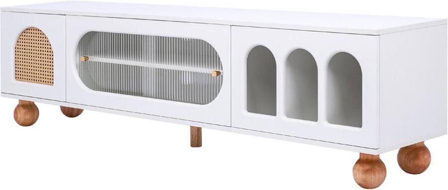 TV-meubel Opbergkast Sideboard Geschikt voor 60-69 Inch Televisies met 1 Deur met Rietenpatroon 2 Verticale Strook Gehard Glazen Schuifdeuren en 1 Deur met Drie Boogvormige Glazen Ruiten Gouden Handgrepen en Massief Houten Poten 170x47x37 cm Wit