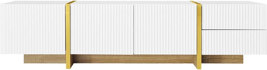 Tv-meubel opbergkast zijkast Geschikt voor tv's van 50-59 inch Met 3 deuren en 2 laden De deurpanelen hebben een verticale gestreepte golfontwerp gecombineerd met gouden metalen accenten 190x35x45 cm Wit+goud