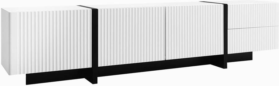 Tv-meubel opbergkast zijkast Geschikt voor tv's van 50-59 inch Met 3 deuren en 2 laden De deurpanelen hebben een verticale gestreepte golfontwerp gecombineerd met zwarte metalen accenten 190x35x45 cm Wit