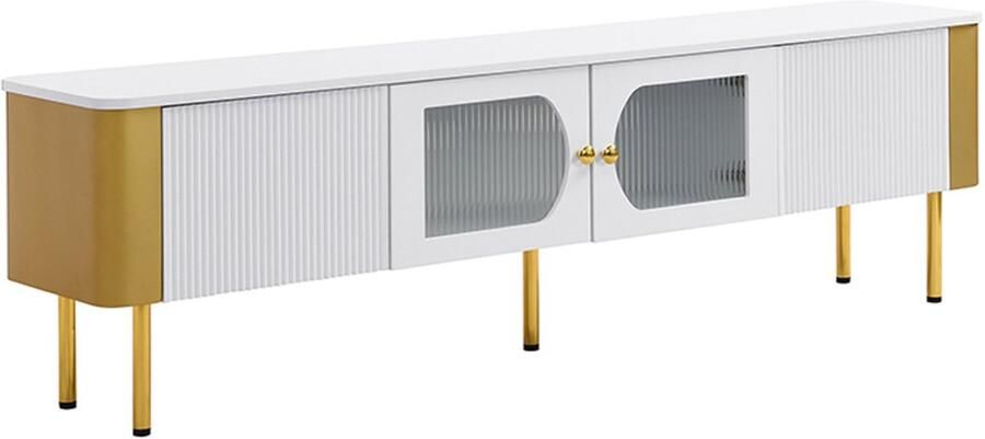 Tv-meubel opbergkast zijkast Geschikt voor tv's van 60-69 inch Met 2 verticale streepachtige golfladen en 2 houten deuren met gespecialiseerd gevormd verhard glas Gebogen gouden hoeken 170x45x50 cm Wit