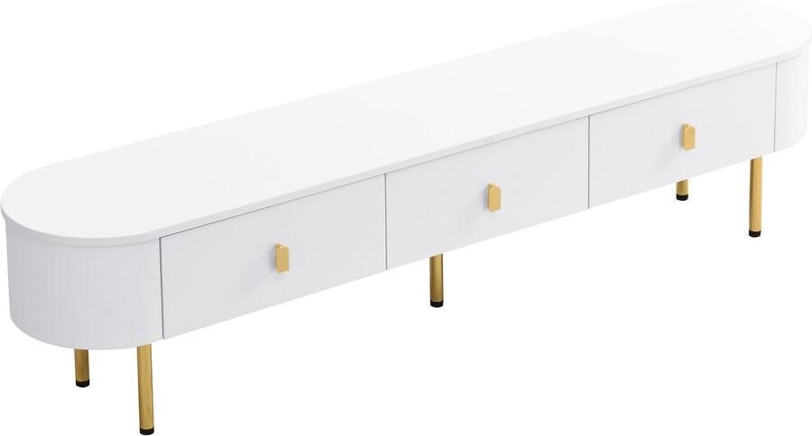 Tv-meubel opbergkast zijkast Geschikt voor tv's van 60-69 inch Met 3 laden Ontwerp met gebogen hoeken gecombineerd met gouden handgrepen en poten 174x35x41 cm Wit