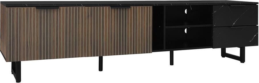 Tv-meubel opbergkast zijkast Geschikt voor tv's van 60-69 inch Uitgerust met veranderlijke LED-verlichting 2 open vakken 2 laden en 2 deuren Een marmer-imitatie patroon tafelblad 200x38x50 cm Donker kleur