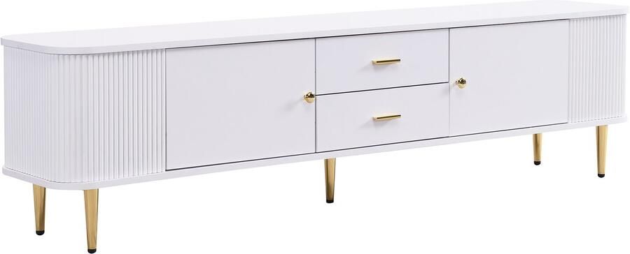 TV-meubel opbergkast zijkast Geschikt voor TV's van 70-79 inch Met 2 laden en 2 deuren Ontwerp met gegolfde zijwanden en gebogen hoeken Moderne minimalistische uitstraling met gouden handgrepen en poten 170x34x45 cm Wit