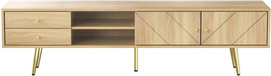 TV-meubel opbergkast zijkast met 2 laden 2 open compartimenten en 2 deuren uniek ontwerp met gouden strepenversiering 160x36x42 cm houten kleur
