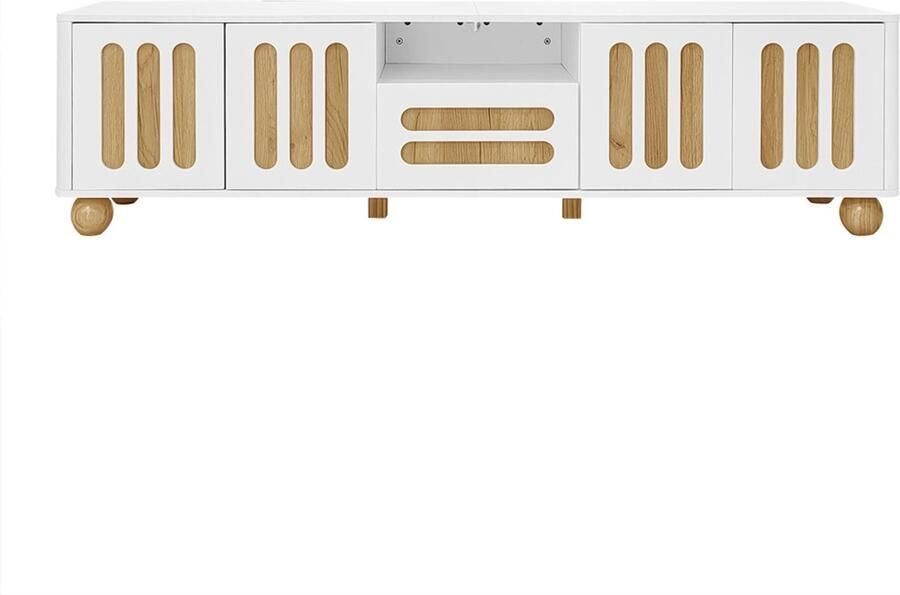 TV-meubel opbergkast zijkast met 4 deuren 1 laad en LED-verlichting ontwerp met afgeronde hoeken en bolvormige poten 180x40x47 cm wit