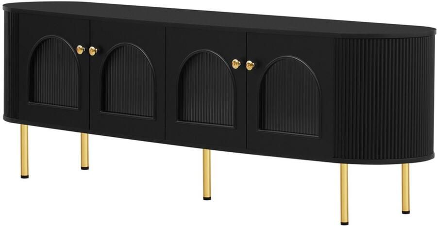 TV-meubel opbergkast zijkast praktisch opbergmeubel voor de woonkamer geschikt voor TV's van 50-59 inch met 4 houten deuren met boogvormig verhard glas gouden handgrepen en poten 170x35x55 cm zwart
