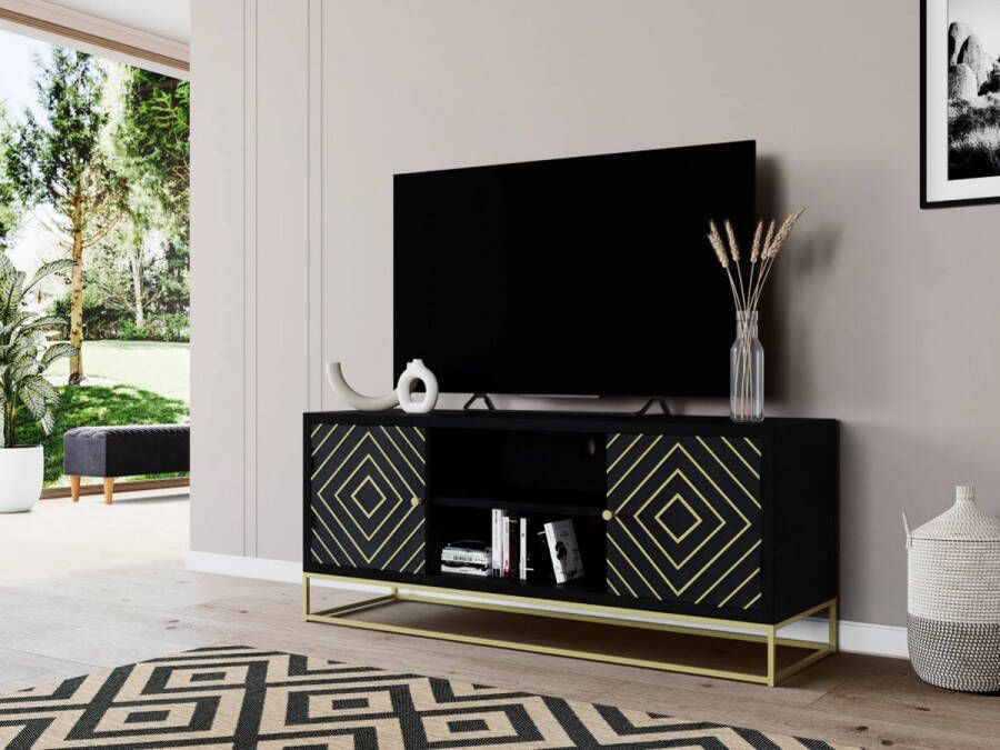 Tv-meubel PRISMIN 2 deuren en 2 laden Mango en metaal Zwart L 130 cm x H 55 cm x D 40 cm - Foto 1