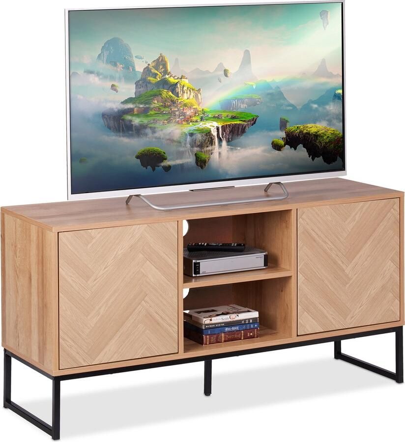 Relaxdays tv meubel retro met opbergruimte 60 x 120 x 38 cm 2 deuren lichtbruin-zwart