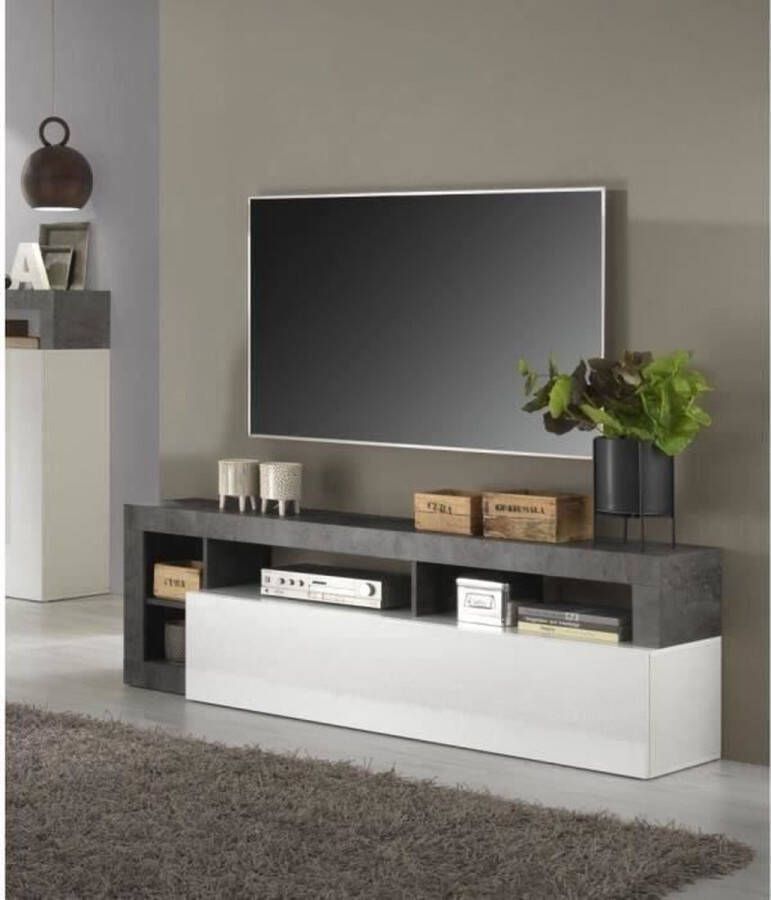 Vente-unique TV-meubel SEFRO 1 deur & 4 nissen Witgelakt en betonkleur L 184 cm x H 58 cm x D 42 cm - Foto 2