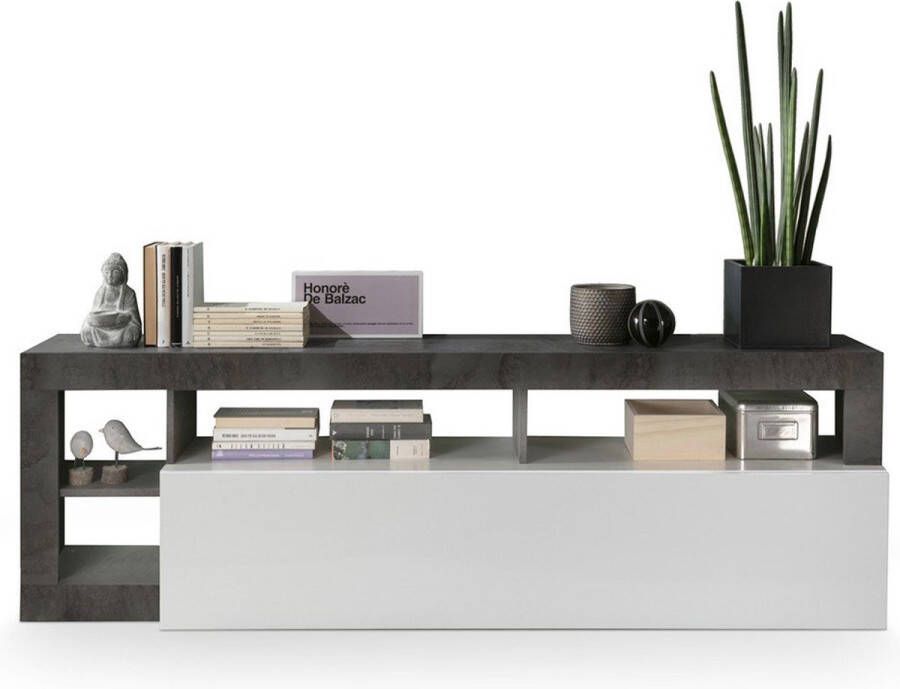 Vente-unique TV-meubel SEFRO 1 deur & 4 nissen Witgelakt en betonkleur L 184 cm x H 58 cm x D 42 cm