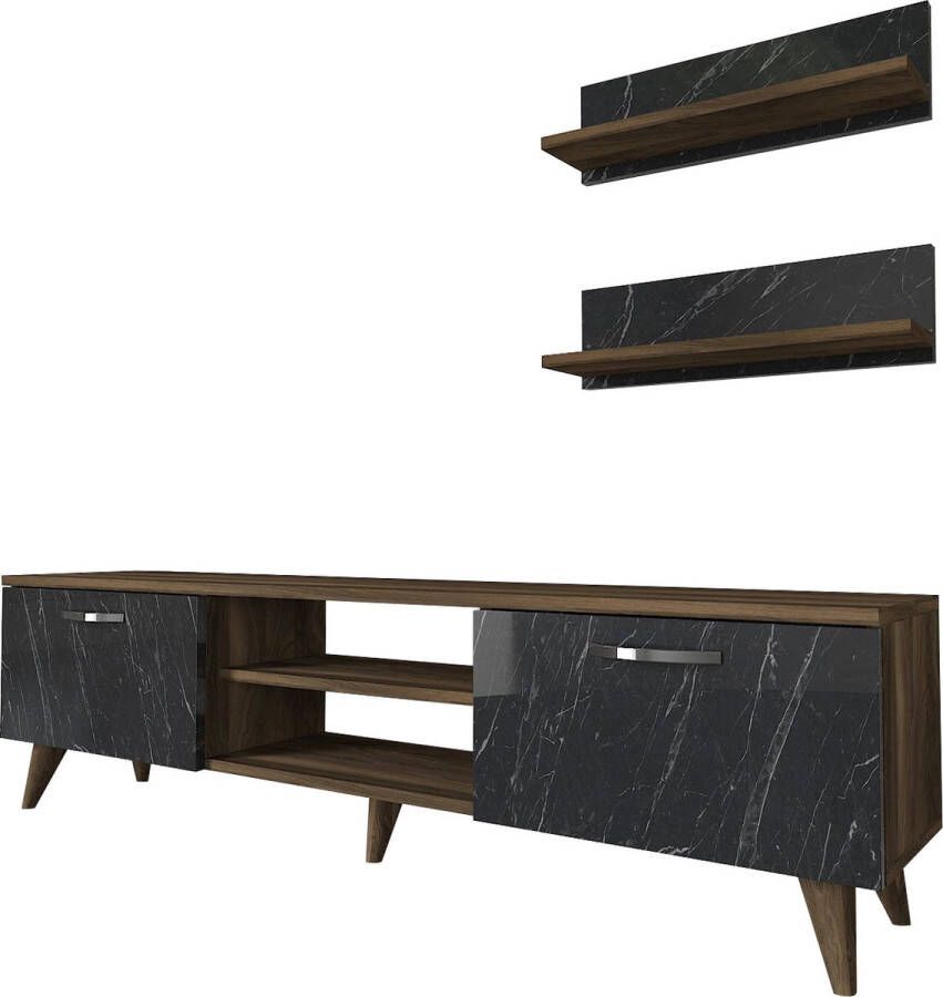 TV Meubel Set Marmer & Walnoot Design 150x40 6x29 5cm Inclusief Twee Wandplanken Stijlvolle Melamine Afwerking