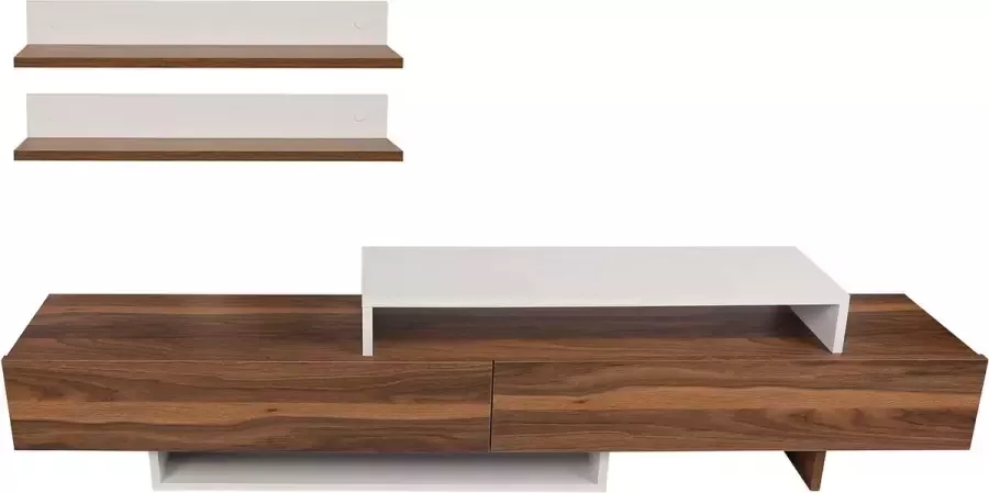 Asir tv-meubel. 100% GEMELAMINEERDE SPAANPLAAT. Dikte: 18 mm. Afmeting TV-meubel: Breedte: 180 cm Hoogte: 41 7 cm Diepte: 29 5 cm. Plankmaat: Breedte: 68 cm Hoogte: 10 cm Diepte: 20 8 cm. Talrijke planken. Kan aan de muur worden bevestigd - Foto 2