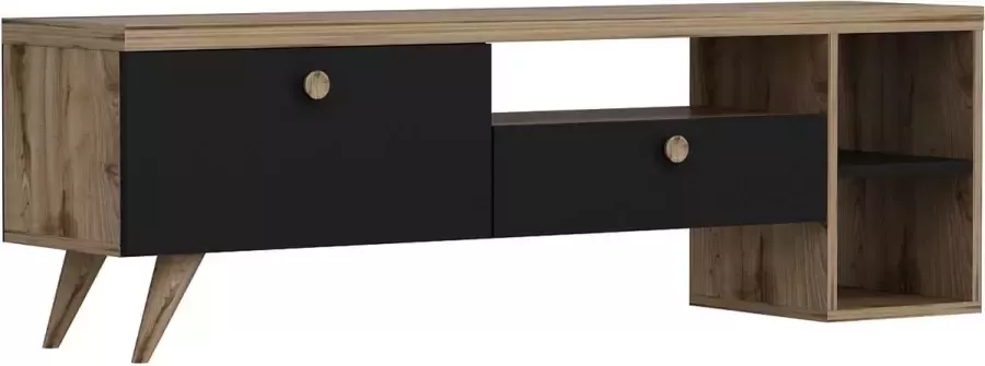 Asir tv-standaard. 100% GEMELAMINEERDE SPAANPLAAT. Dikte: 18 mm. Breedte: 150 cm Hoogte: 47 cm Diepte: 35 cm. Talrijke planken. Kan aan de muur worden bevestigd