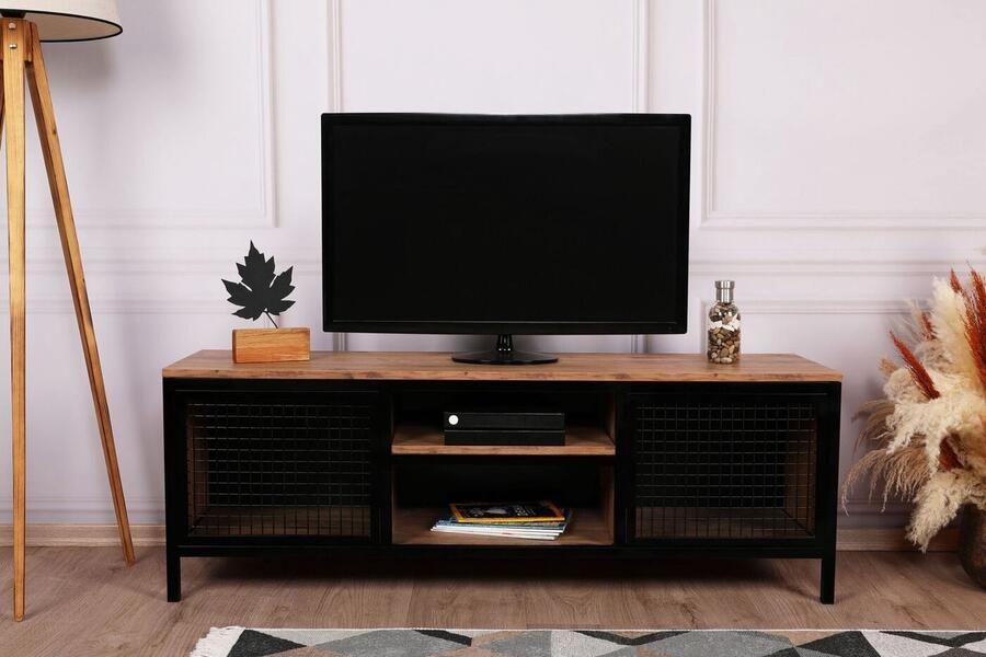 TV Meubel Stijlvol Zwart & Eiken Design 150x47x40cm Duurzaam Melamine Materiaal