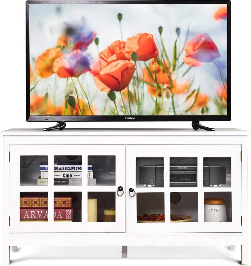 tv-meubel tv Meubel -Tv tafel- tv kast tv-plank tv-standaard universele vlakscherm TV console media center met getemperd glas deuren kabel management gaten stabiele moderne tv-kast lowboard 114 x 48 5 x 61 cm (Wit)