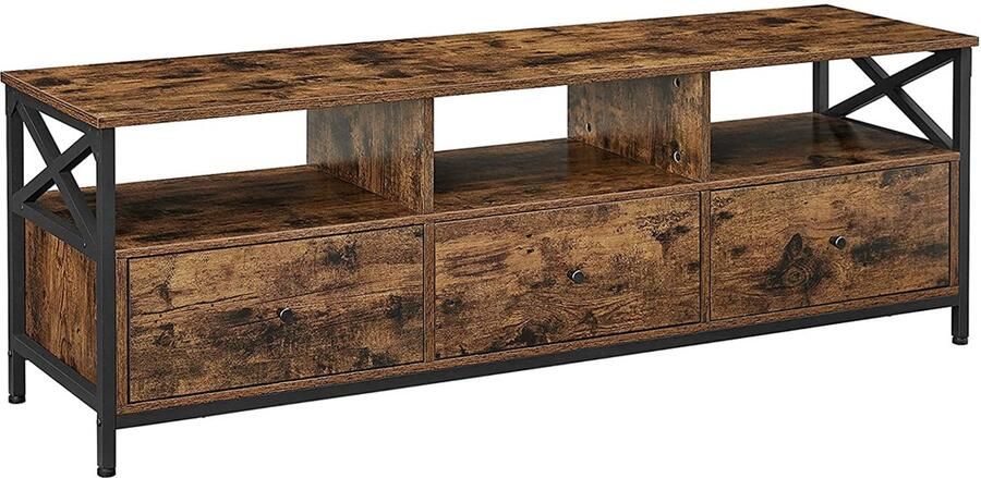 Tv-meubel tv-standaard opbergkast zijkast geschikt voor tv tot 65 inch met 3 open compartimenten en 3 laden stevig metalen frame geschikt voor woonkamer en slaapkamer 147 x 40 x 50 cm bruin + zwart