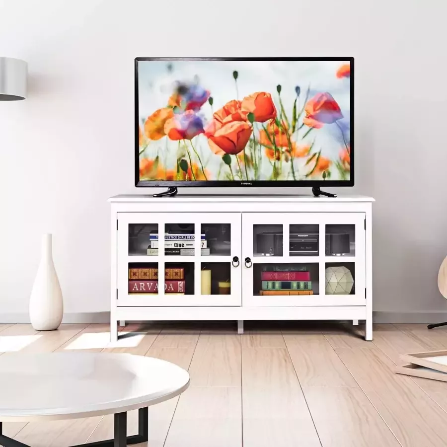 tv-meubel tv-tafel tv-kast tv-plank tv-standaard universele vlakscherm TV console media center met getemperd glas deuren kabel management gaten stabiele moderne tv-kast lowboard voor de woonkamer slaapkamer 114 x 48 5 x 61 cm (Zwart