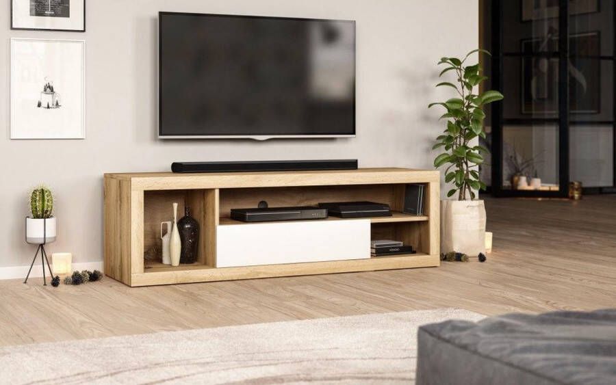 Tv meubel Wotan Eiken & Mat Wit – 140x40x42 cm – Houten TVmeubel Wit – Witte TV Kast Eiken