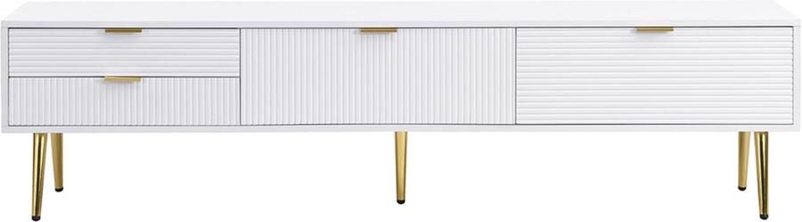 TV-meubel zijkast opbergkast geschikt voor TV's van 50-59 inch met 2 laden en 2 compartimenten modern eenvoudig gestreept ontwerp gouden metalen handgrepen en poten 175x35x40 cm wit