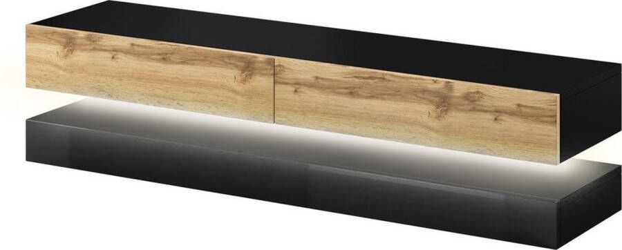 Perfecthomeshop TV Meubel Zwevend Hout & Zwart 140 cm – Hangend TV meubel met Led Verlichting – TV Kast Zwart – Houten Zwarte TV Kast Modern Design –