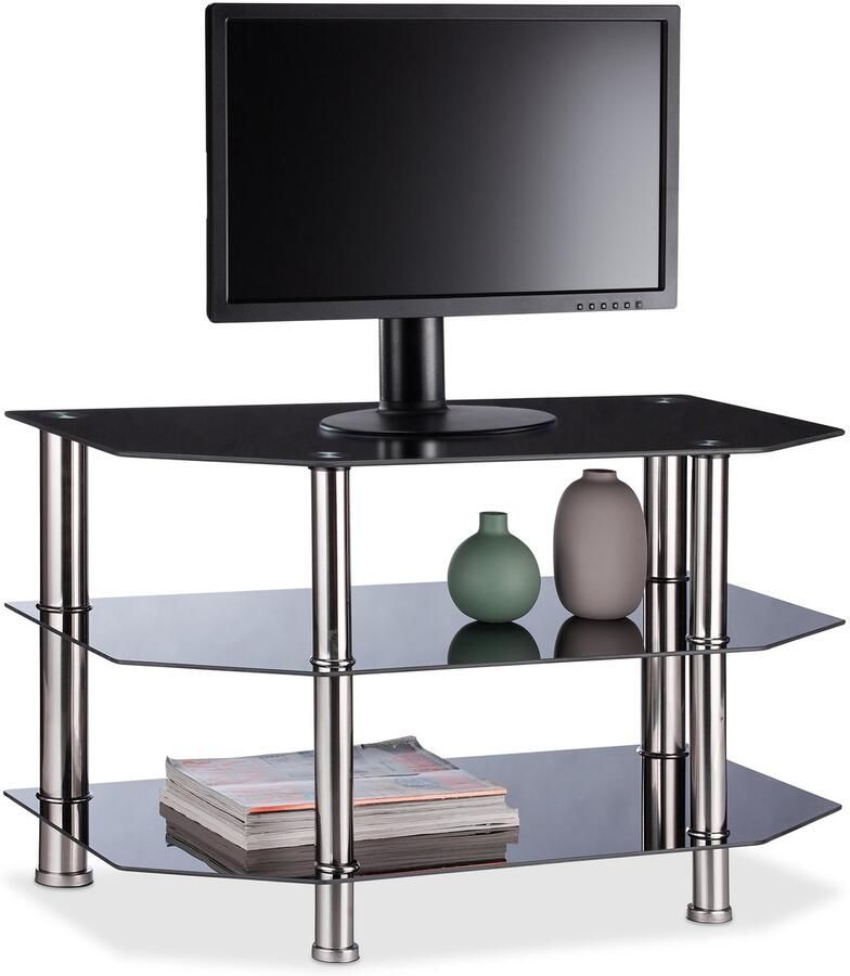 Relaxdays TV meubel glas televisietafel zwart lowboard 3 etages tv kast open design