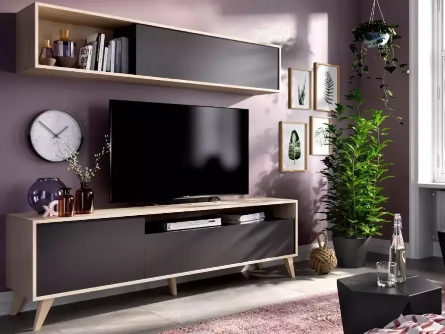 Merkloos TV-meubel met wandplank Eiken en grafiet decor L 180 x D 41 x H 51 cm BONN - Foto 2