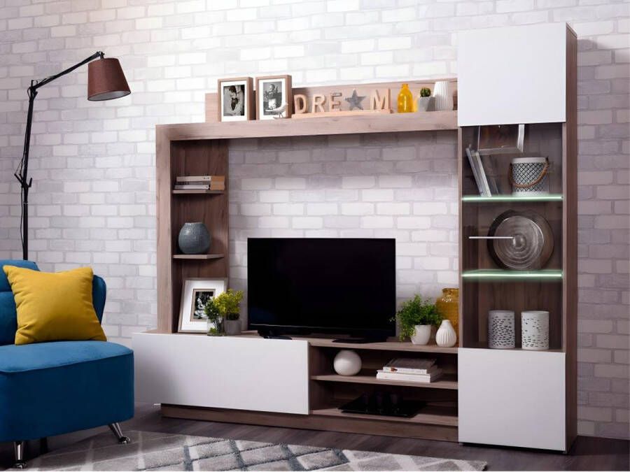 Tv-wand ARKALA met opbergruimtes Led-lampjes Wit en eiken L 204 cm x H 174.5 cm x D 35 cm - Foto 2