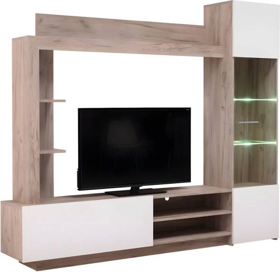 Tv-wand ARKALA met opbergruimtes Led-lampjes Wit en eiken L 204 cm x H 174.5 cm x D 35 cm