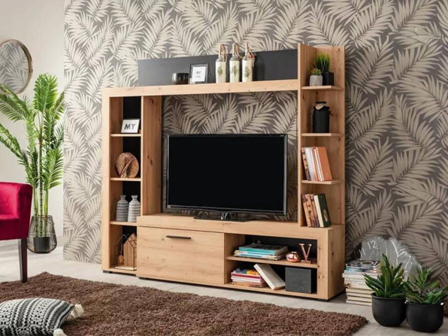 Vente-unique Tv-wand BALTIMORE Met opbergruimte eiken en antraciet L 172.5 cm x H 157.5 cm x D 33 cm - Foto 3