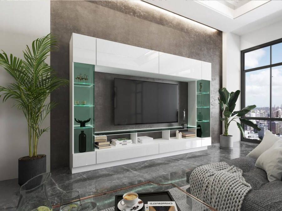 Vente-unique Tv-wand met opbergruimte en ledverlichting van gerookt gehard glas Wit gelakt BRIANO L 276.2 cm x H 189.4 cm x D 40 cm