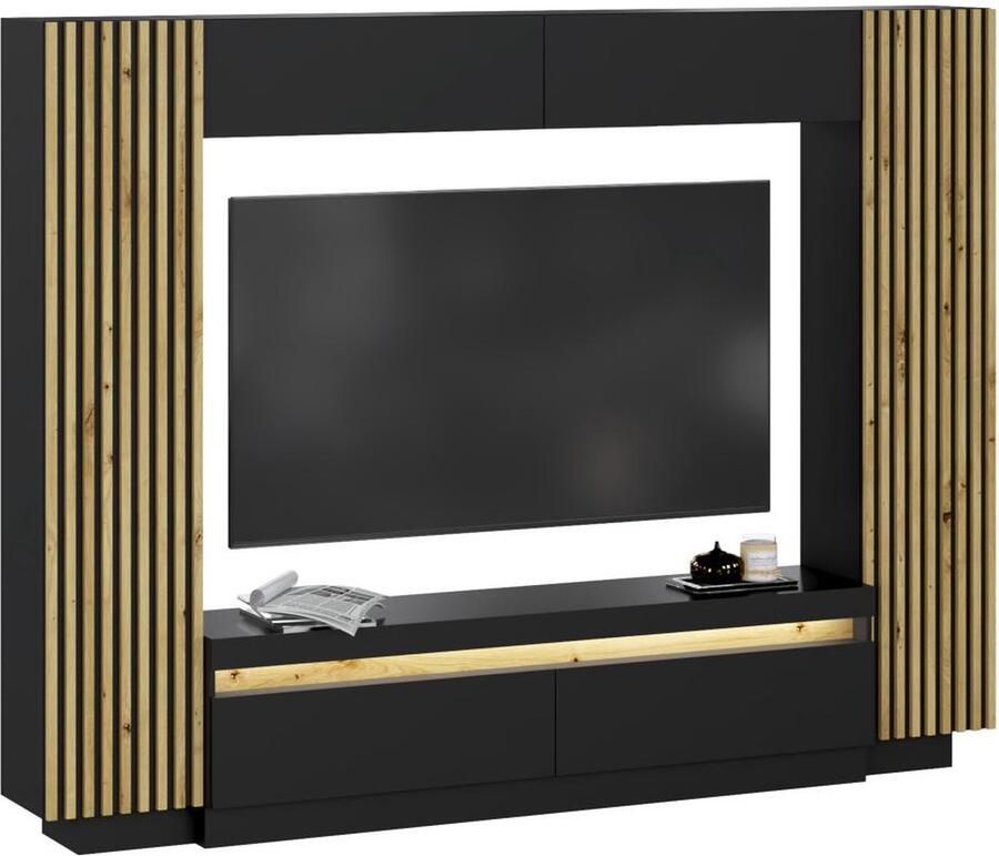 Vente-unique Tv-wand met opbergruimte Ledverlichting zwart en naturel LIONEA L 272.6 cm x H 209.6 cm x D 36.2 cm - Foto 2