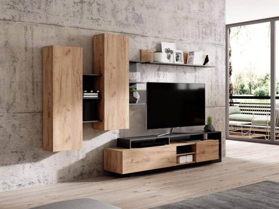 Vente-unique TV-wand met opbergruimte Natuurlijk en antraciet IDESIA L 260 cm x H 171.5 cm x D 40 cm - Foto 3