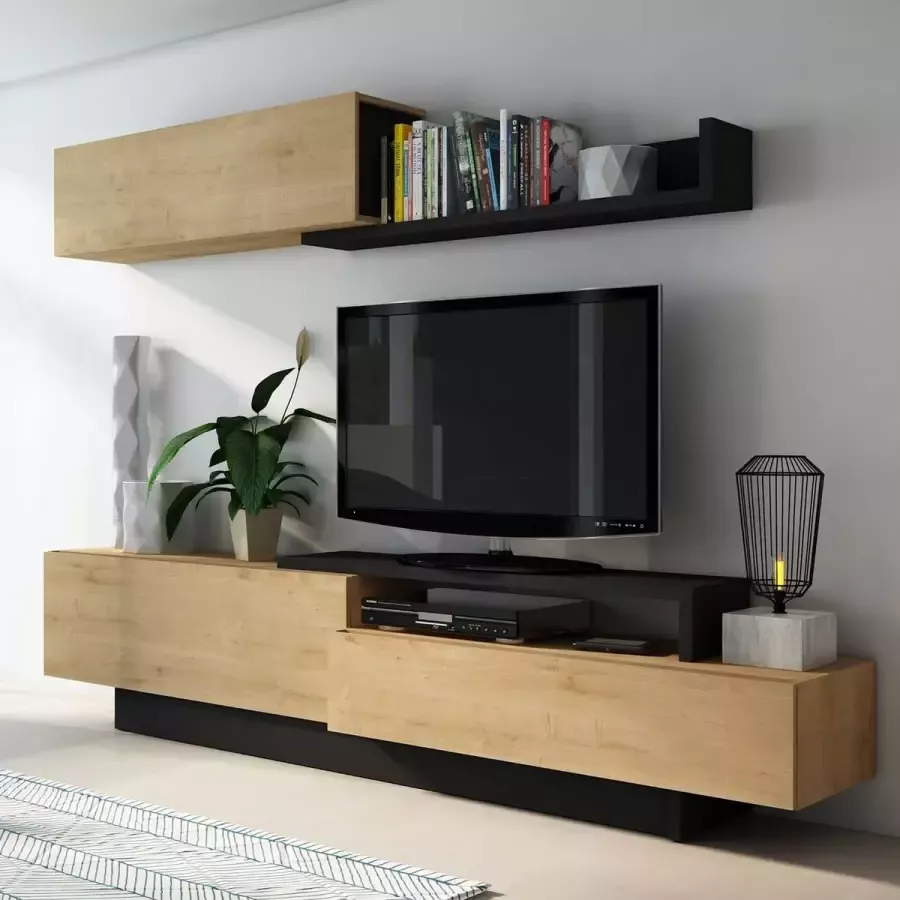 Vente-unique Tv-wand MONTY met opbergruimte Antraciet en eiken L 240 cm x H 71 cm x D 40 cm - Foto 4