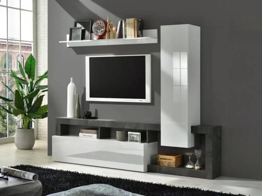TV-wand SEFRO met opbergruimte Witgelakt en betonkleur L 219 cm x H 173 cm x D 35 cm - Foto 2