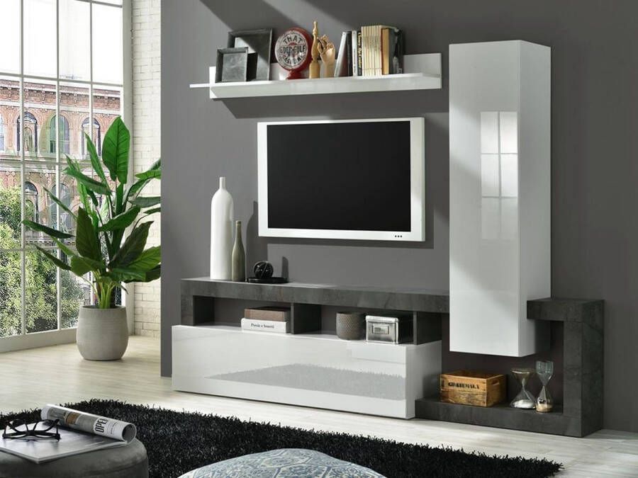 TV-wand SEFRO met opbergruimte Witgelakt en betonkleur L 219 cm x H 173 cm x D 35 cm