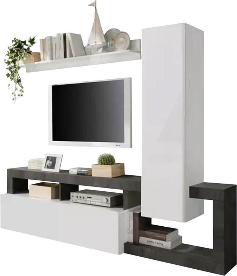 Vente-unique Tv-wand met opbergruimte Wit gelakt en betongrijs SEFRO II L 219 cm x H 200 cm x D 35 cm - Foto 2