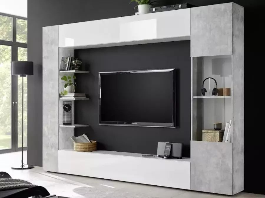 Vente-unique Tv-wand SIRIUS met opbergruimte Kleuren: witgelakt en beton L 257 cm x H 187 cm x D 30 cm - Foto 3