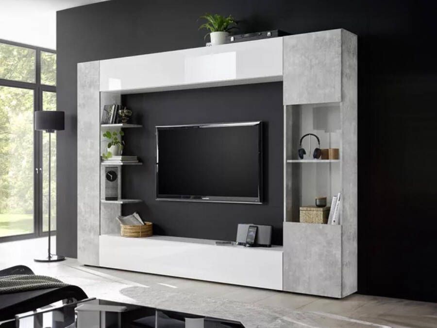 Vente-unique Tv-wand SIRIUS met opbergruimte Kleuren: witgelakt en beton L 257 cm x H 187 cm x D 30 cm - Foto 2