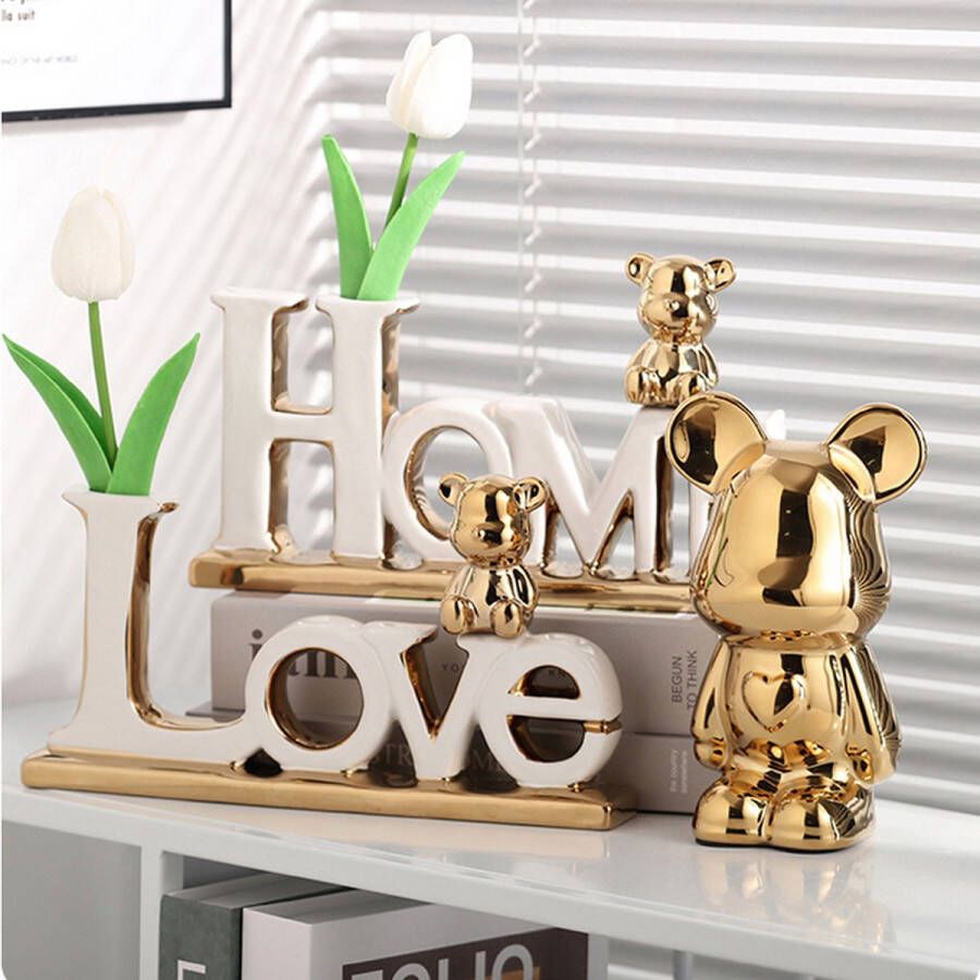 Twee Stuks Decoratieve 3d Home En Love Beeldje Met Kunstbloemen En Inclusief Mini Beer Beeldje Voor Thuis Kantoor Woonkamer Tafel Kast Luxe Decoratie
