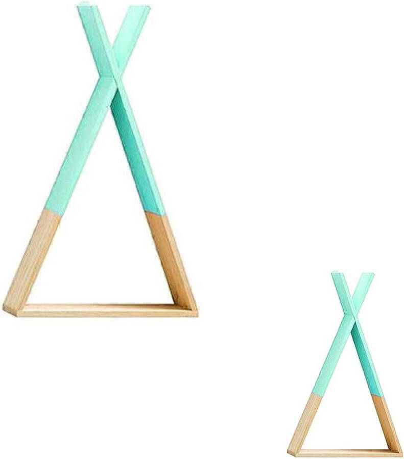 Twee Turquoise wandplanken in Scandinavische stijl. Driehoekig houten rek. Planken voor kinderkamer lounges hallen woonkamers kantoren. Grote en middelgrote plankenset