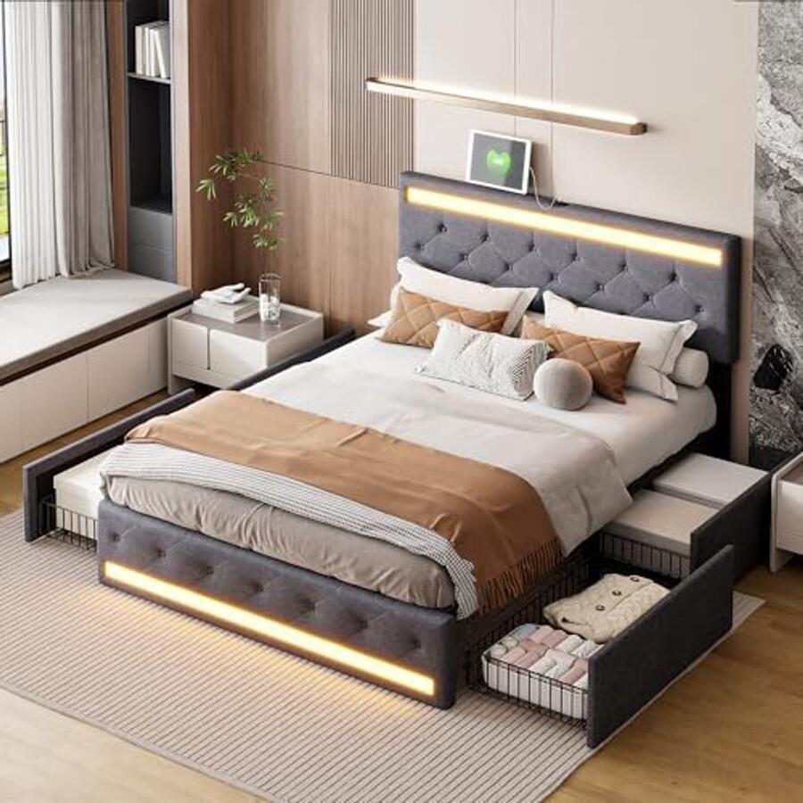 Tweedehands Bed 140 x 200 cm met Verstelbaar Hoofdeinde en USB Oplaadpoort Tweepersoonsbed met Opberglades