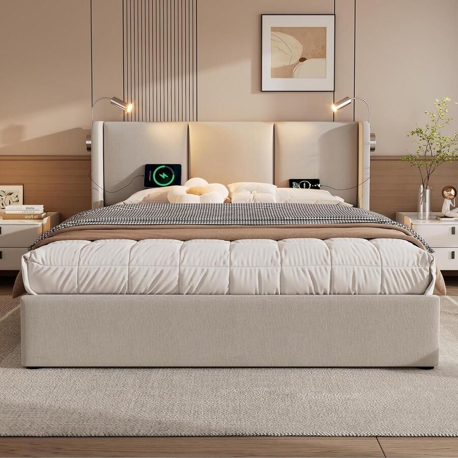 Gestoffeerd bed tweepersoonsbed opbergruimte bedbox leeslamp met USB-oplaadfunctie hoofdeinde opbergruimte bedden bedframe van linnenmateriaal jeugdbed 160x200 met lattenbodem (met matras)