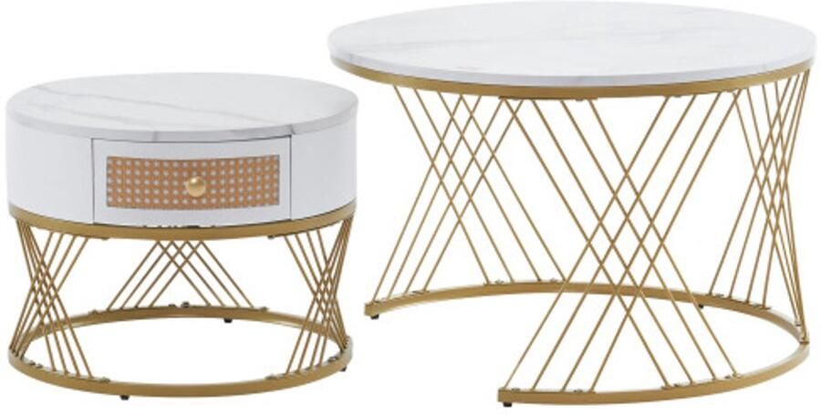 GOTAGEE Tweedelige witte salontafel met een marmerstructuur tafelblad en lades met kunststof rotan fronten en gouden accenten