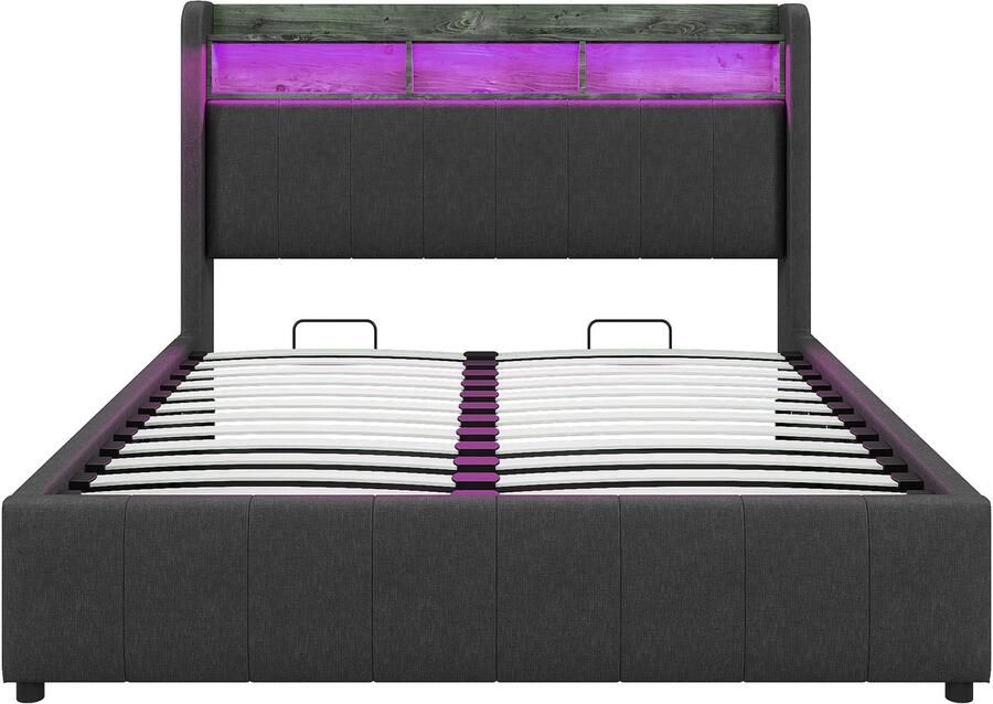 Tweenpersoonsbed 160x200 Zonder Matras Polstebed Grijs Linnen Met LED USB Hoofdeinde Met Planken En Opbergruimte Hydraulische Opbergruimte Geschikt Voor Slaapkamer En Logeerkamer