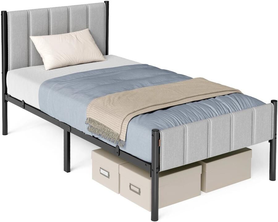 Tweepersoons Bedframe 160x200 cm Met Gestoffeerd Hoofdeinde Stalen Frame Comfortabele 24D Foam Hoofdbord Draagkracht 250 kg Stil en Stabiel 31 cm Opbergruimte Onder Bed Eenvoudige Montage Dove Gray